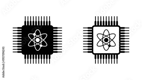 Two distinct microchip icons, one solid black and one outlined, each featuring an atom symbol representing quantum computing.