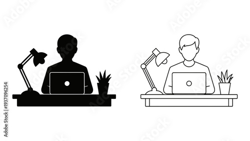 A person working diligently at a laptop on a desk with a lamp and plant, displayed as a black silhouette and an outline.