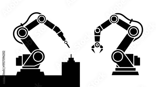 An industrial robotic arm performing a task with a tool while another arm stands by, all in black silhouette.