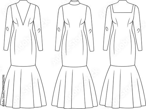 Three black and white line of long-sleeved dresses with flared skirts and different necklines line black and white
