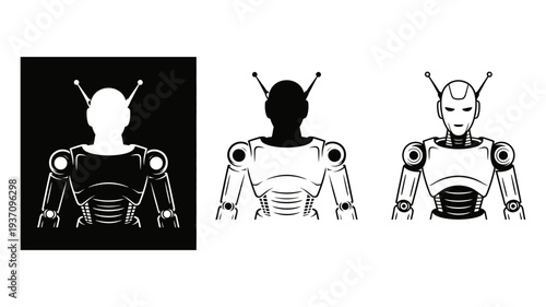 A humanoid robot with antennae, shown in three variations: a black silhouette, a black outline, and a white outline with detail.