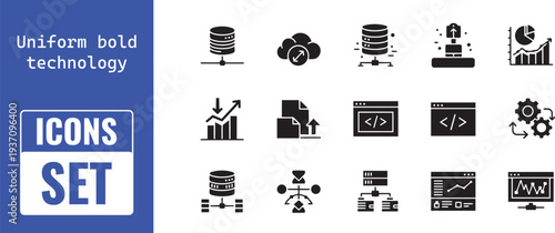 Uniform bold technology icons set for business and software development tools and data analysis