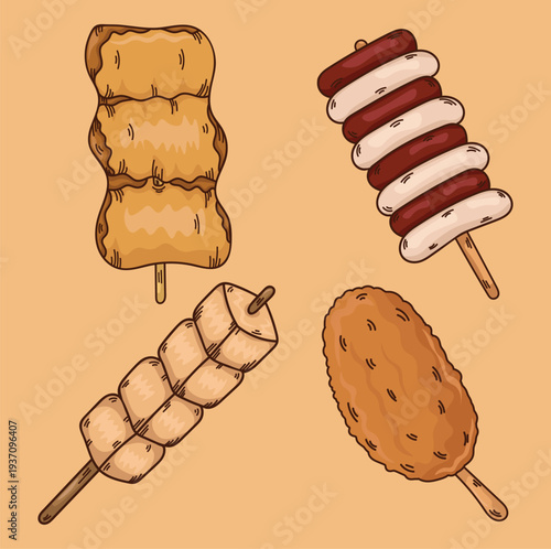 Illustration of korean snacks fish cake hot dog sausage salty spicy food street food icon