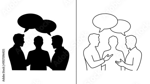 Three male figures engaging in a discussion with multiple speech bubbles overhead, representing communication and collaboration.