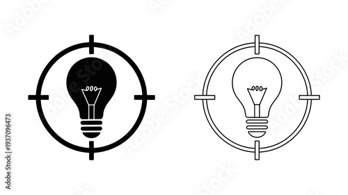 A detailed lightbulb, complete with a visible filament, positioned within a target reticle, illustrating pinpointed creativity.