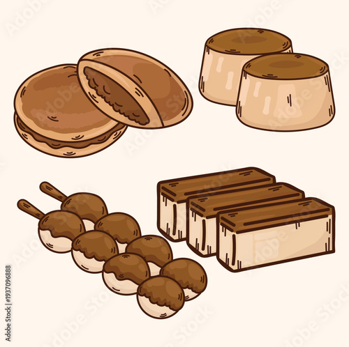 Illustrations of japanese desserts pudding castella cake dorayaki and dango japanese restaurant
