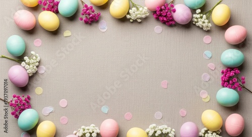 Easter day celebration with colorful eggs and flowers decoration
