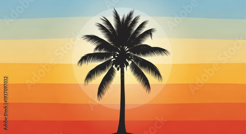 Silhouette of a Single Palm Tree Against Colorful Sunset Sky.