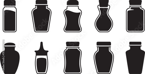 Ten black and white outline bottles and jars with different shapes and lids