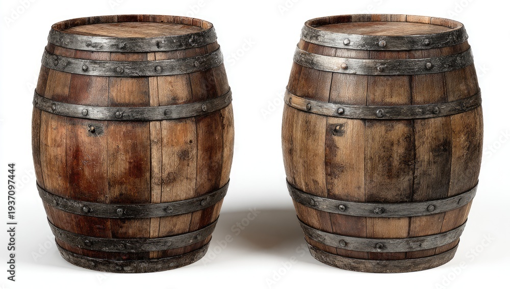 Obraz premium Two aged wooden barrels, each bound with metal hoops, sit against a white background