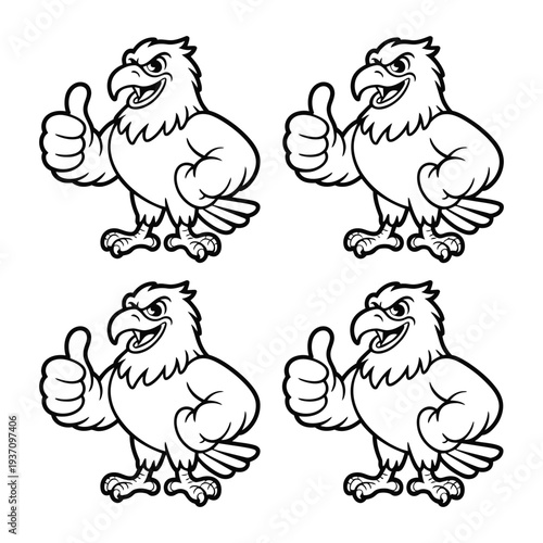 Eagle cartoon illustration set with thumbs up in black and white