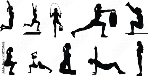 Women fitness workout silhouette collection with strength training yoga exercise jumping rope vector illustration set isolated on white background
