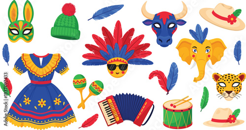 Brazil Carnival Festival Elements Set with Traditional Costume Mask Feather Headdress Drum Accordion and Cultural Celebration Vector Illustration