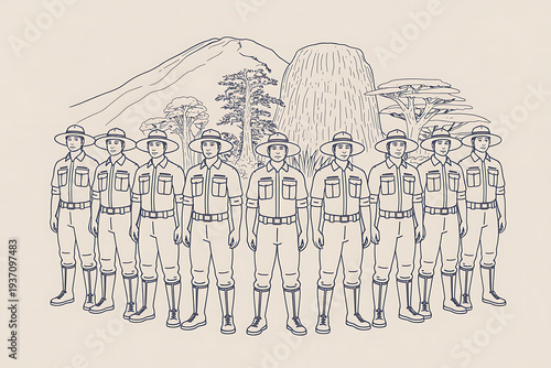 Rangers standing united in front of iconic mountain landscape