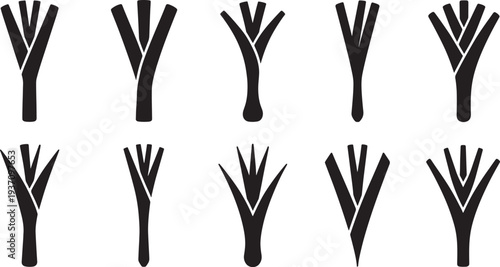 Ten black branching structures with varying splits and angles on white background