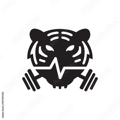 Aggressive Tiger Head Gym Logo with Barbell and Heartbeat Pulse Strength Concept.