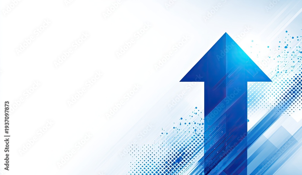Fototapeta premium A stylized blue arrow pointing upwards on a white background, suggesting growth & progress