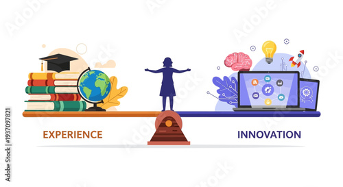 Experience vs. Innovation Balance Concept Vector Illustration. Weighing Traditional Knowledge (Books, Globe) against Technology and New Ideas (Laptop, Brain).