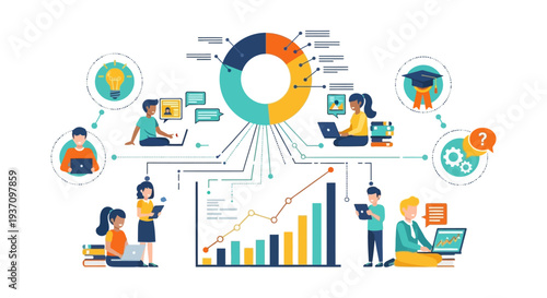 Data Analysis Dashboard Visualization. Teamwork, E-Learning, and Business Collaboration Connected to Charts and Graphs.