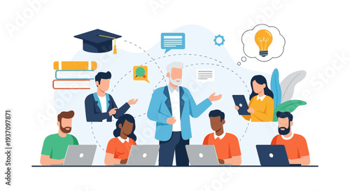 Modern Mentorship and E-learning: Diverse Students Group Learning from Professor in a Professional Training Workshop Illustration.