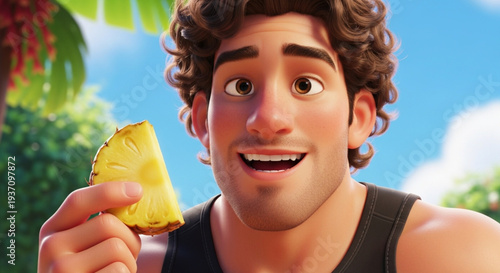 A young, athletic man with curly brown hair and stubble, wearing a gym tank top, smiles while holding a slice of pineapple.