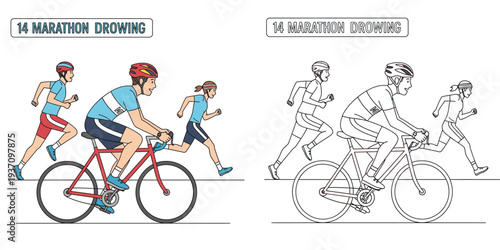 Marathon race illustration with runners and a cyclist, available in full color and black and white line art for coloring book, vector graphics.