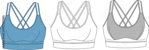 Three Different Colored Sports Bras with Crisscross Straps and Elastic Waistbands blue sports bra