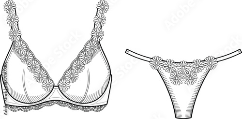 Daisy floral women lingerie set hand drawn vector illustration, elegant bra and thong underwear fashion sketch, female intimate apparel line art design