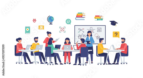 Professional Training and Business Education Workshop. Team Collaboration, Instructor Presentation, and Learning in Modern Classroom Setting.