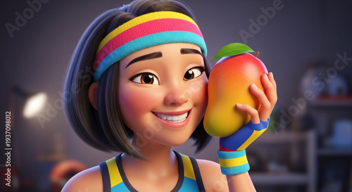 Sporty Asian woman with short bob haircut and headband, wearing modern gym clothes, smiling while holding a sleeve.