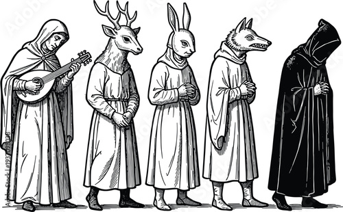 Medieval woodcut style illustration of mysterious monks wearing animal masks of a deer rabbit and wolf walking in a solemn ritual procession (24 words)