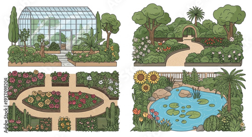 Beautiful Botanical Garden with Greenhouse and Water Features.
