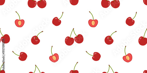 Cute seamless pattern with red cherries. Fresh juicy garden fruits on white background. Flat vector illustration.