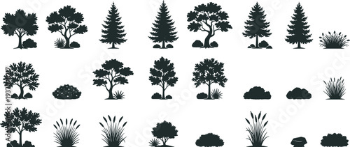 Black silhouette trees and shrubs set, various pine oak bush grass, landscape foliage plants, rocks bushes, nature design elements vector illustration collection