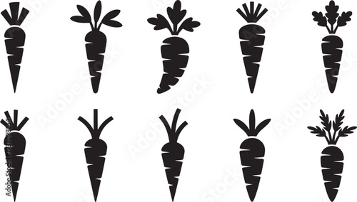 Ten Black Carrots with Green Tops on White Background vegetable vegetables