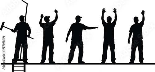 Construction worker silhouettes collection showing laborers with tools standing and signaling on platform isolated on light background building industry teamwork and maintenance concept