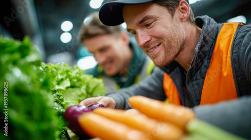 Warehouse workers packaging fresh vegetables for delivery, food logistics and supply chain teamwork with carrots and greens in foreground