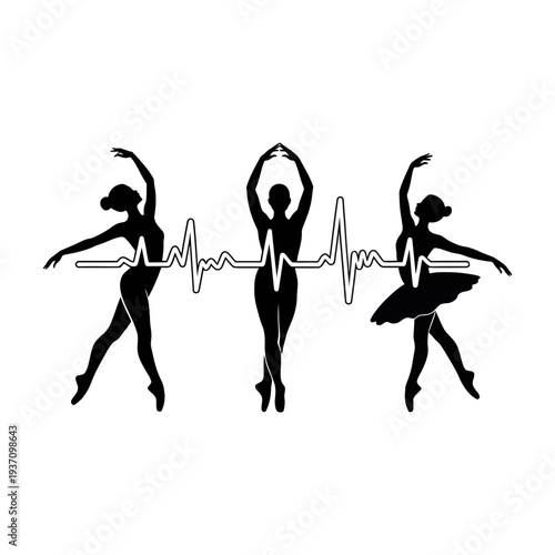 Ballet dancers silhouette vector illustration with heartbeat line background