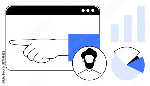 Business analytics. Business analytics with data charts and user profile interactions. Business analytics enhancing decision-making through data and user engagement. Ideal for management, marketing