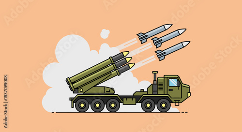 Military Missile Launcher Truck Firing Rockets.