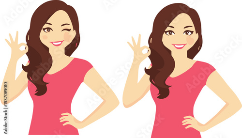 Beautiful young woman showing OK hand sign, winking and smiling female character, positive gesture expression, modern girl portrait, flat vector illustration isolated