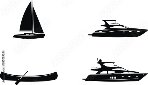 boat silhouette vector set, sailboat canoe and luxury yacht icons, marine water transport collection, isolated black nautical vessels illustration
