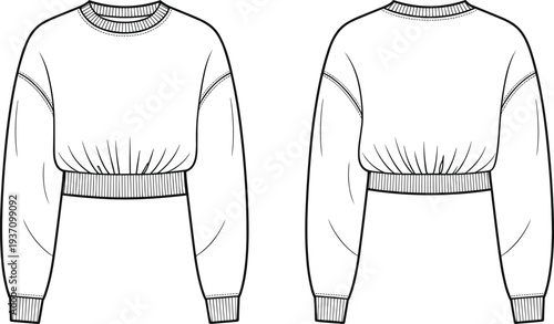 A black and white line of a cropped long-sleeved sweater with ribbed cuffs and hem ribbed hem