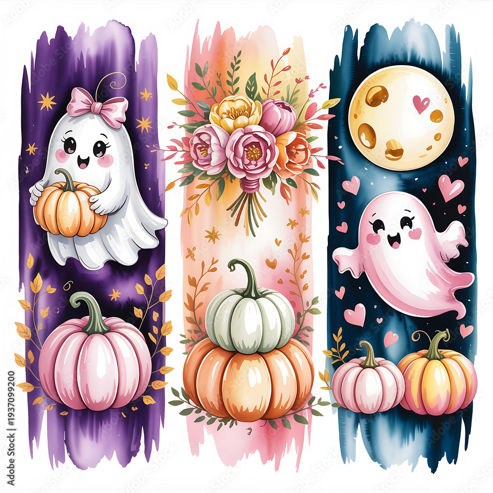 Fototapeta premium Cute Ghost and Pumpkin Halloween Illustration with Flowers and Moon in Pastel Colors - Whimsical Cartoon Digital Art for Seasonal Autumn Decor