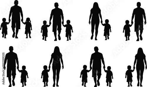 Family walking silhouettes collection showing parents with children holding hands in different poses isolated on light background parenting, love, care and family life concept