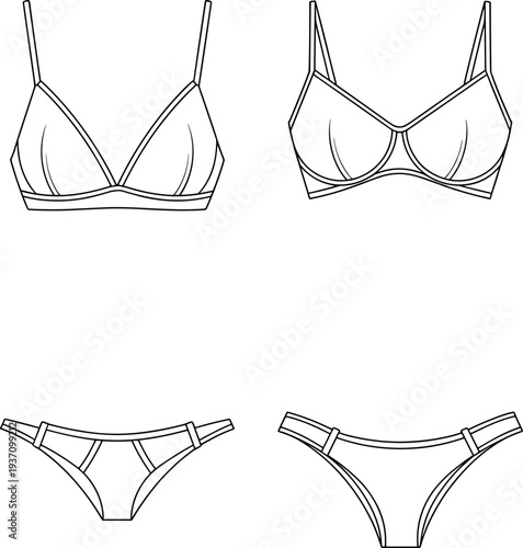 Lingerie Technical Sketch Vector Set Featuring Triangle Bralette and Underwire Bra with Matching Cheeky Panty Fashion Flat Sketches for Design Development and Manufacturing.