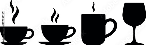 Set of black silhouette icons featuring steaming coffee cups, tea mugs on saucers, and a wine glass isolated on a white background.