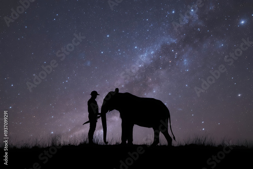 Man in silhouette interacting with elephant under starry night sky