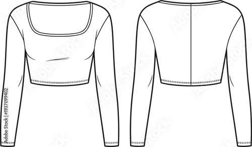 A black and white line of a sleeveless with a square neckline and elasticated hem and cuffs line sleeveless square neckline