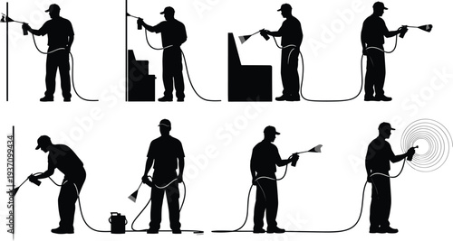 Industrial worker spray painting silhouettes collection showing technician using paint spray gun on wall and equipment isolated on light background construction and maintenance concept